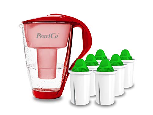 GLAS-Wasserfilter PearlCo (rot) mit 6 Alkaline classic Filterkartuschen - Made in EU von PearlCo
