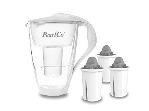 PearlCo Glas-Wasserfilter (weiß) mit 3 Protect+ Classic Filterkartuschen (f. hartes Wasser) - Made in EU von PearlCo