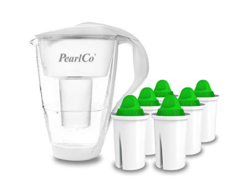 PearlCo Glas-Wasserfilter (weiß) mit 6 Alkaline Classic Filterkartuschen - Made in EU von PearlCo