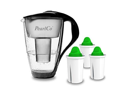 PearlCo 2L Glas-Wasserfilter-Kanne mit 3 basischen Filterkartuschen - BPA-frei Glaskanne mit alkalischem pH-Wert für Trinkwasser 5-stufige Filtration - Aktivkohle- und Ionenaustausch-System - Schwarz von PearlCo