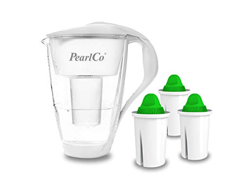 PearlCo 2L Glas Wasserfilter Krug mit 3 alkalischen Filterkartuschen - basisches Wasser durch 5 Stufen Filtration - Aktivkohle und Ionenaustausch-Filter-System - weiß von PearlCo