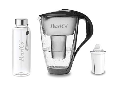 PearlCo - Glas-Wasserfilter (anthrazit) mit 1 Universal classic Filterkartusche + 1 Trinkflasche aus Glas von PearlCo