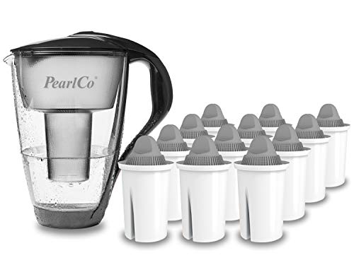 PearlCo Glas-Wasserfilter (anthrazit) mit 12 Protect+ Classic Filterkartuschen (f. hartes Wasser) - Made in EU von PearlCo