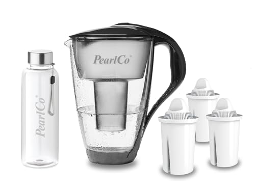 PearlCo - Glas-Wasserfilter (anthrazit) mit 3 Universal classic Filterkartuschen + 1 Trinkflasche aus Glas von PearlCo