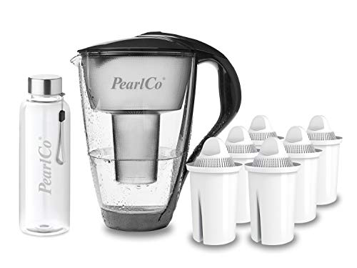 PearlCo - Glas-Wasserfilter (anthrazit) mit 6 Universal classic Filterkartuschen + 1 Trinkflasche aus Glas von PearlCo
