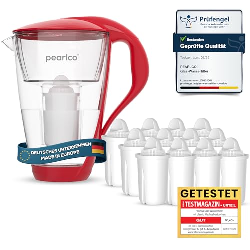 PearlCo Glas-Wasserfilter (rot) Glaskanne mit 12 Classic Filterkartuschen – Reduzierung von Kalk & Schwermetall – Schützt Geräte – Besserer Geschmack von Kaffee & Tee – Made in EU von PearlCo