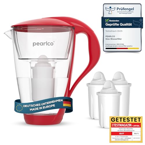 PearlCo Glas-Wasserfilter (rot) Glaskanne mit 3 Classic Filterkartuschen – Reduzierung von Kalk & Schwermetall – Schützt Geräte – Besserer Geschmack von Kaffee & Tee – Made in EU von PearlCo