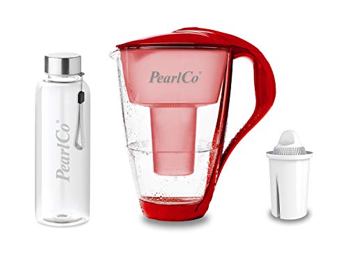PearlCo - Glas-Wasserfilter (rot) mit 1 Universal classic Filterkartusche + 1 Trinkflasche aus Glas von PearlCo