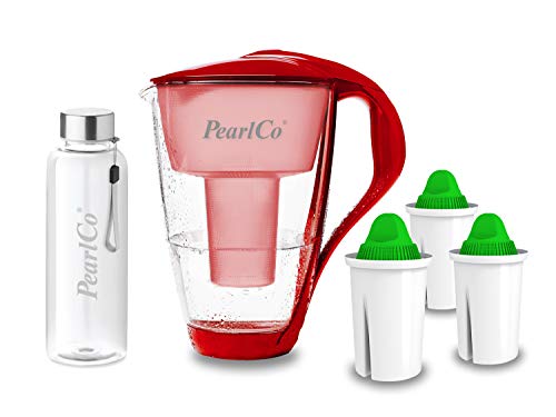 PearlCo - Glas-Wasserfilter (rot) mit 3 Alkaline classic Filterkartuschen + 1 Trinkflasche aus Glas von PearlCo