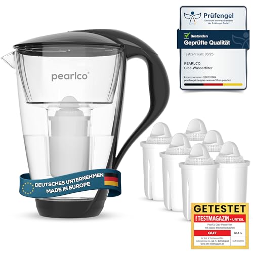 PearlCo Glas-Wasserfilter (schwarz) Glaskanne mit 6 Classic Filterkartuschen – Reduzierung von Kalk & Schwermetall – Schützt Geräte – Besserer Geschmack von Kaffee & Tee – Made in EU von PearlCo