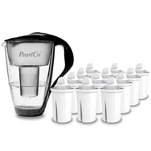 GLAS-Wasserfilter PearlCo (schwarz) mit 12 Classic Filterkartuschen - Reduzierung von Kalk, Chlor, Blei & Kupfer mit Glaskanne - kompatibel zu Brita Classic - Made in EU von PearlCo