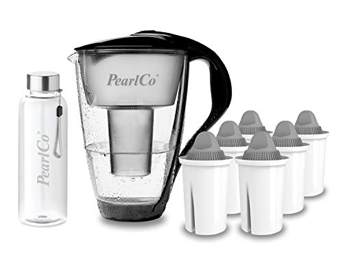 PearlCo - Glas-Wasserfilter (schwarz) mit 6 Protect+ classic Filterkartuschen (f. hartes Wasser) + 1 Trinkflasche aus Glas von PearlCo