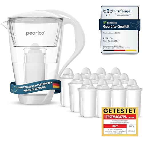 PearlCo Glas-Wasserfilter (weiß) Glaskanne mit 12 Classic Filterkartuschen – Reduzierung von Kalk & Schwermetall – Schützt Geräte – Besserer Geschmack von Kaffee & Tee – Made in EU von PearlCo