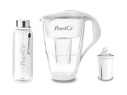 PearlCo - Glas-Wasserfilter (weiß) mit 1 Universal classic Filterkartusche + 1 Trinkflasche aus Glas von PearlCo