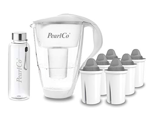 PearlCo - Glas-Wasserfilter (weiß) mit 6 Protect+ classic Filterkartuschen (f. hartes Wasser) + 1 Trinkflasche aus Glas von PearlCo