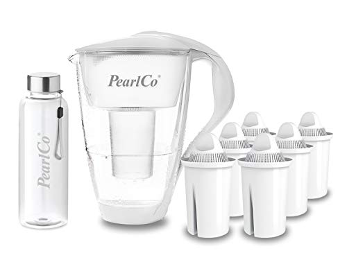PearlCo - Glas-Wasserfilter (weiß) mit 6 Universal classic Filterkartuschen + 1 Trinkflasche aus Glas von PearlCo