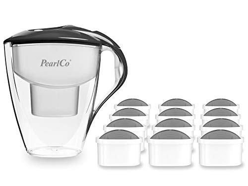 PearlCo Wasserfilter Astra (anthrazit) - mit 12 Protect+ unimax Filterkartuschen (für hartes Wasser) - passend zu Brita Maxtra von PearlCo