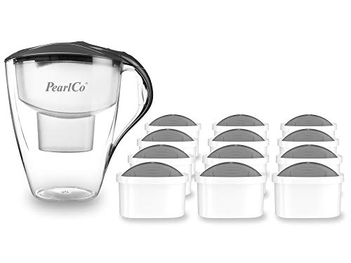 PearlCo XXL Wasserfilter Family (anthrazit) - mit 12 Protect+ unimax Filterkartuschen (für hartes Wasser) - passt zu Brita Maxtra von PearlCo