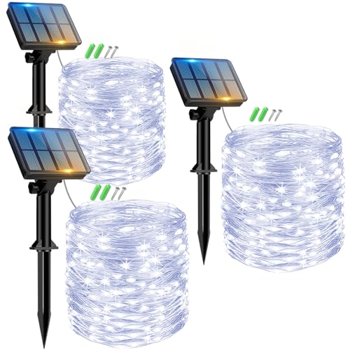 Peasur 【3 Stücke】 Solar Lichterkette Aussen, 3x12M 120 LED Solarlichterkette Außen Wetterfest KupferDraht 8 Modi IP65 Wasserdicht lichterkette Außen Solar für Balkon Garten Hochzeit Deko, Kaltes Weiß von Peasur