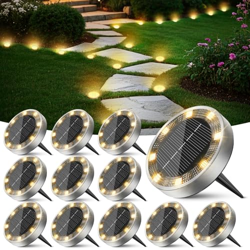 Peasur 12 Stück Solar Bodenleuchten Aussen, 8 LED Solarlampen für Außen Garten Wetterfest, Solarleuchten Gartenbeleuchtung für Boden Weg Rasen Gehweg Warmweiss von Peasur