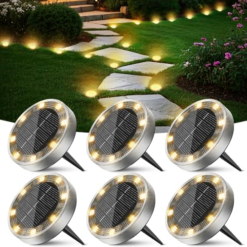 Peasur 6 Stück Solar Bodenleuchten Aussen, 8 LED Solarlampen für Außen Garten Wetterfest, Solarleuchten Gartenbeleuchtung für Boden Weg Rasen Gehweg Warmweiss von Peasur