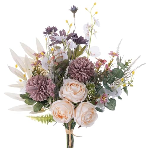 Peauley Künstliche Blumen Seidentischdekoration Faux Plastik Florale Tischdekoration für Zuhause und Küche mit Rosen, Löwenzahn, Phalaenopsis, Eukalyptus, Salbei und Orchideen(Champagner) von Peauley