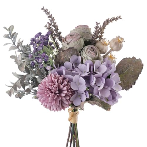 Peauley kleine Kunstblumen für Tischdekoration, Seidenstrauß mit DREI gebrannten Rosen, Hortensien, Trollblumen und Schleierkraut. Ideal für Küche oder Schlafzimmer (Lila) von Peauley
