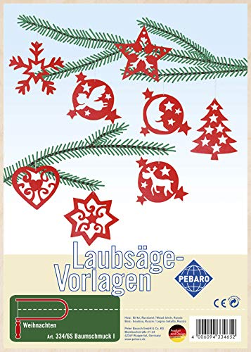 Pebaro 334/6S Laubsägevorlage Baumschmuck I, 3mm Sperrholz DIN A 4, Motiv vorgedruckt, aussägen mit Laubsägebogen, basteln, anmalen, fertig, Laubsägen, Basteln mit Holz, Geschenkidee, Weihnachtsdeko von Pebaro