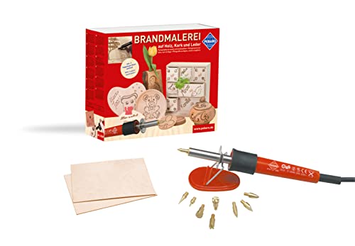 Pebaro 0269 Bastelset Brandmalerei: Brandmalkolben, 6 Brennspitzen, 3 Brennstempel, 2 Holzplatten, Pyrographie, Holzbrennen, Schreiben, Zeichnen auf Holz, Kork etc., Basteln, Mittel von Pebaro