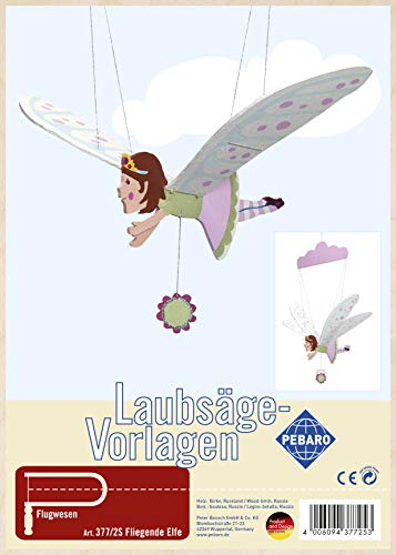 Pebaro 377/2S Laubsägevorlage Mobilie Windspiel Fliegende Elfe, 3mm Sperrholz DIN A 4, Motiv vorgedruckt, aussägen mit Laubsägebogen, basteln, anmalen, fertig, Laubsägen, Holz, Geschenkidee von Pebaro