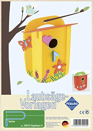 Pebaro 399/2S Laubsägevorlage Vogelhaus II, 3mm Sperrholz DIN A 4, Motiv vorgedruckt, aussägen mit Laubsägebogen, basteln, anmalen, fertig, Laubsägen, Holz, Geschenkidee, Nistkasten, Garten von Pebaro