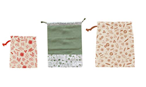 Pebbly 3ER-Set Bio-BAUMWOLLBEUTEL MIT Kordel, Baumwolle, Natural mit bunten Motiven, 25 x 30 cm-30 x 40 cm-40 x 34 cm von Pebbly