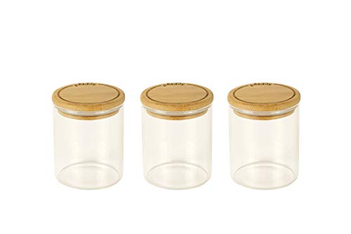 Pebbly 3ER RUNDE GLASBEHÄLTER FÜR GEWÜRZE UND ZUTATEN-180ml, Borosilikatglas, Bambus, Silikon, Natural, Set 3 boîtes à épices-180ml von Pebbly