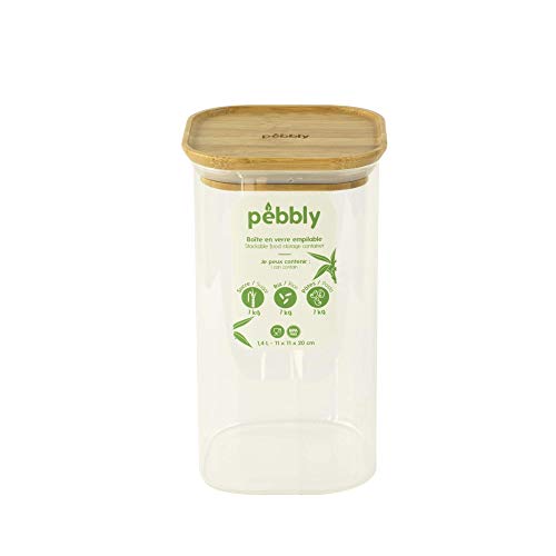 Pebbly NPKV-006 QUADRATISCHER GLASBEHÄLTER MIT BAMBUSDECKEL-1,4L, Borosilikatglas, Bambus, Silikon, Natural, 11 x 11 x 20 cm von Pebbly