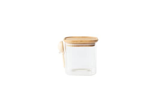 Pebbly PKV-049 Quadratische Dose aus Glas/Bambus & Messlöffel – 800 ml GLASBEHÄLTER MIT BAMBUSDECKEL + DOSIERLÖFFEL-800ml, Borosilikatglas, Silikon, Transparent von Pebbly