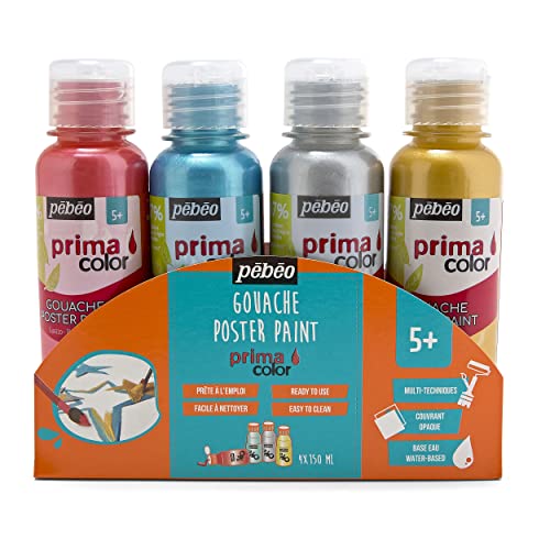 Pebeo 55591 Primacolor 4-er Set 150 ml, Perlmutt/rot/türkis/Gold/Silber von Pébéo