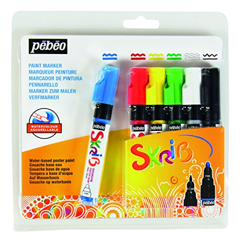 Pébéo 604103 Set skrib Paint 6 Marker Gouache Klassische Farbe: Verschiedene Farben: Blau primären, Primärrot, Primärgelb, grün, weiß, schwarz 18.3 x 2.1 x 18.1 cm von PEBEO