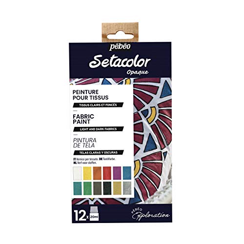 Pébéo 757481 Setacolor Textilfarben Starter Set Deckend-Glänzend Schimmernde Stofffarben-12 x Flaschen in Brillanten Moiré-Farbtönen, Sortiment, 20 ml (12er Pack), 240 Milliliter von PEBEO