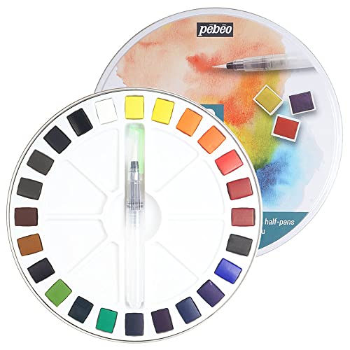 Pébéo -Aquarell feine Box rund enmetal 24 halbe Eimer -Box Malerei Aquarell Pébéo -KITAquarell-Palette (Verpackung kann variieren) von PEBEO