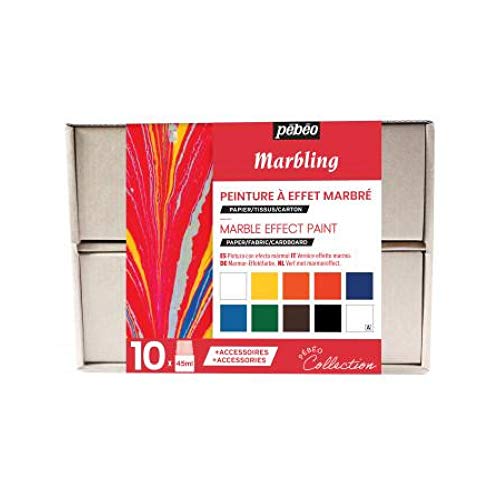 Pébéo Marbling Collection Box - Marmorierfarben Set - 10 x 45 ml Gemischte Farbflaschen, 1 x Flasche Verdickungsmittelbad, 10 x Blätter Diffusionspapier, 10 x Stäbchen, Kreativer Ratgeber, 758495, sortiert, 10x45ml Pébéo Marbling Collection Box - Marmorierfarben Set - 10 x 45 ml Gemischte Farbflaschen, 1 x Flasche Verdickungsmittelbad, 10 x Blätter Diffusionspapier, 10 x Stäbchen, Kreativer Ratgeber, 758495, sortiert, 10x45ml von PEBEO