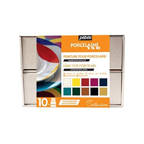 Pébéo - Porcelaine 150 Coffret Collection - Kit Porzellanmalerei - 10 Flakons 45 ml + 1 Cloisonné-Tube 20 ml Gold + 1 Fineliner + Zubehör + Kreativratgeber, Farbsortiment von Pébéo