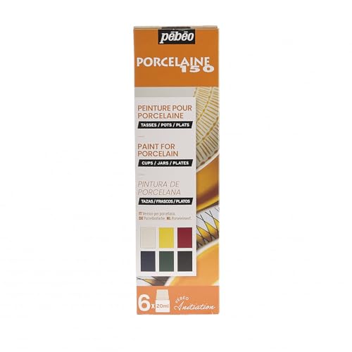 Pébéo Porzellan 150 Starter Set Glanzfarben - 6 x 20 ml Flaschen Porzellanfarbe in 6 Farbtönen: Elfenbein, Citringelb, Scharlachrot, Lapisblau, Olivgrün, Anthrazit Schwarz von PEBEO