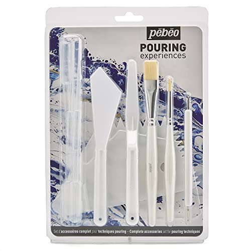 Pébéo 524605 Pouring Experiences Zubehör Set-11 Accessories: 2 Malmesser, 2 Pinsel, 1 Marbling Werkzeug, 1 Spatel und 5 Pipetten, Weiß, 11 Piece von PEBEO