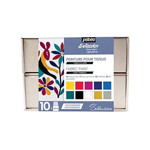 Pébéo Setacolor Textilfarben Collection Set - Deckende Stofffarben - 10 x 45 ml Farbflaschen, 1 x 20 ml Tube Setacolor 3D Gold Brod'perle-Effekt, 1 x 7A Marker, Zubehör, Kreativer Ratgeber von Pébéo