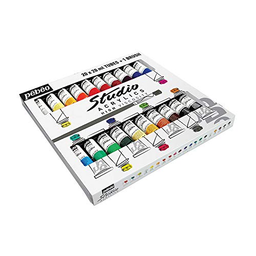 Pébéo - Studio Acryl Gehäuse 20 Tuben à 20 ml Sortiment und Pinsel - Kit Acrylmalerei Tuben und Pinsel - Mehrschichtige Lackierung für Ihre Kreativität - Sortiment Acryl - 20 Tuben à 20 ml von PEBEO