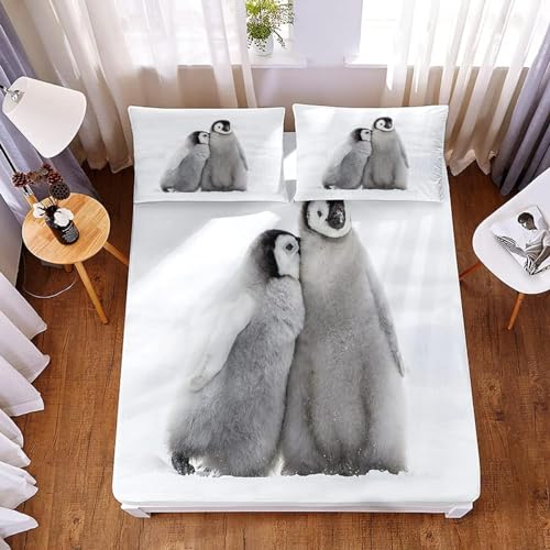 3D Süßer Pinguin Spannbettlaken 90x200cm, Süßer Pinguin Bettlaken für Kinder Erwachsene, Bettlaken Spannbetttuch 90x200cm für Matratze bis 30 cm Höhe mit 1 x Kissenbezügen von Pechiwuo