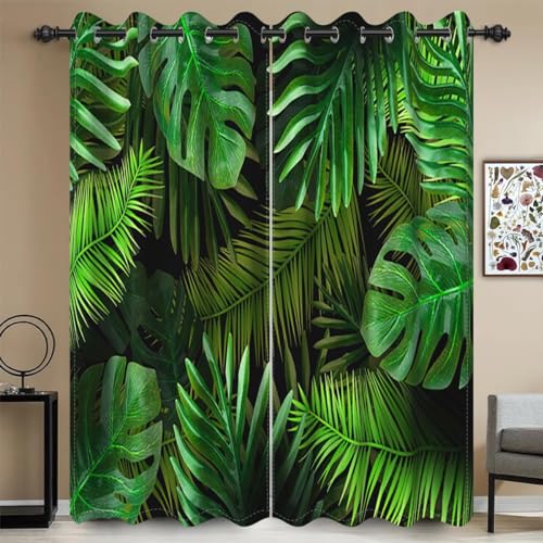 Palmenblätter Vorhänge 3D Drucken Gardinen Wohnzimmer Tropisch Verdunkelungsvorhänge 2er Set, Vorhang Blickdicht Wärmeisolierend Gardine mit Ösen Schlafzimmer Deko 2 x 91.5 x 214 cm（B X H） B2764 von Pechiwuo