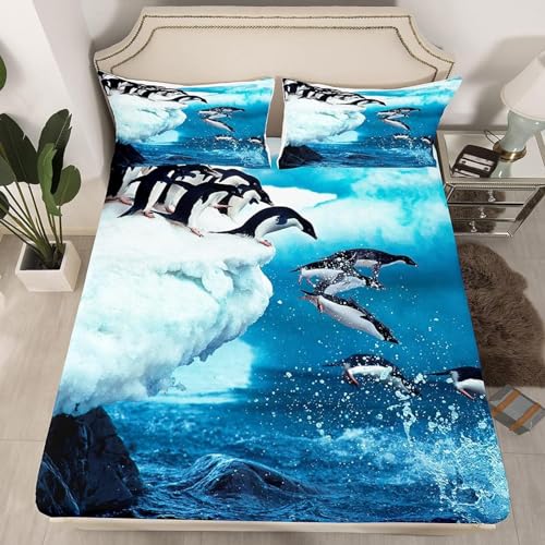 3D Pinguin Spannbettlaken 140x200 cm, Pinguin Bettlaken Set für Kinder Erwachsene, Mikrofaser Spannbetttuch - Tiefe Tasche 30 cm mit 1 Kissenbezügen von Pechiwuo