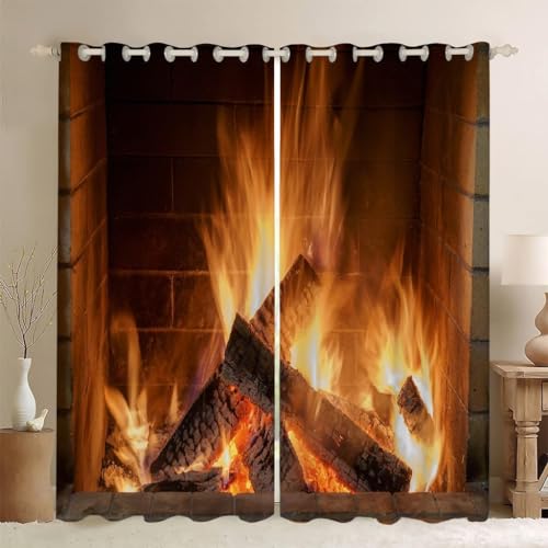 Pechiwuo Flamme Vorhänge 3D Drucken Gardinen Wohnzimmer Kamin Verdunkelungsvorhänge 2er Set, Vorhang Blickdicht Wärmeisolierend Gardine mit Ösen Schlafzimmer Deko 2 x 117 x 137 cm（B X H） B222 von Pechiwuo