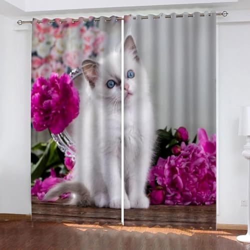 Pechiwuo Katze Vorhänge 3D Drucken Gardinen Wohnzimmer Blumen Verdunkelungsvorhänge 2er Set, Vorhang Blickdicht Wärmeisolierend Gardine mit Ösen Schlafzimmer Deko 2 x 75 x 166 cm（B X H） F651 von Pechiwuo